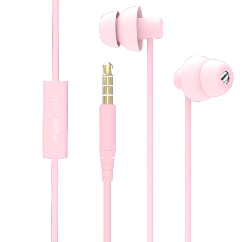 MAXROCK (TM Total Soft Silicon Headphones with Mic Sleep Travel Choice for Cellphones Tablets and 3.5mm Jack (Light Pink) - Image 1